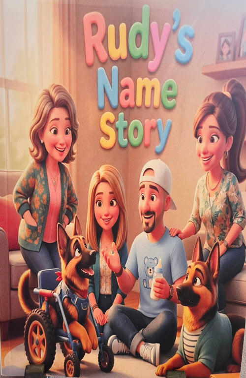 Cover of Rudy's Name Story children's book featuring a dog in a wheelchair with a loving family