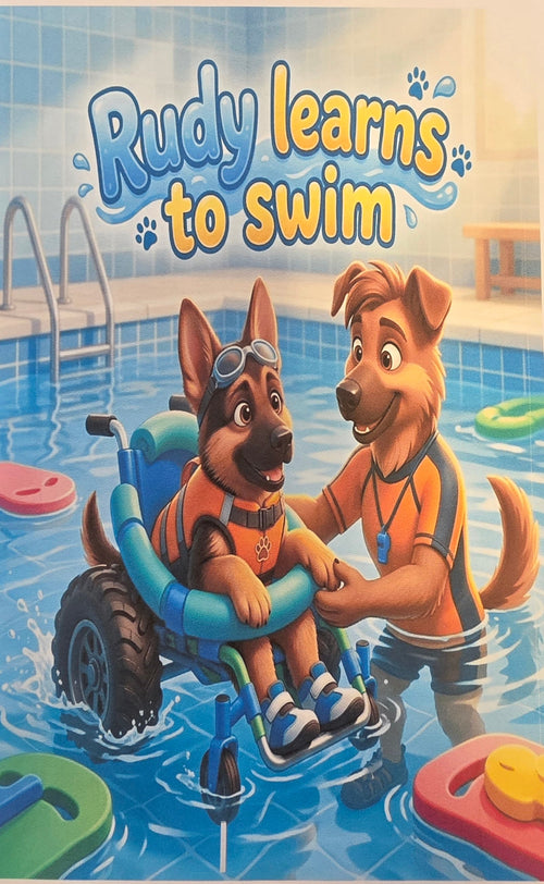 Cover of Rudy Learns to Swim children's book featuring a dog in a wheelchair at a swimming pool